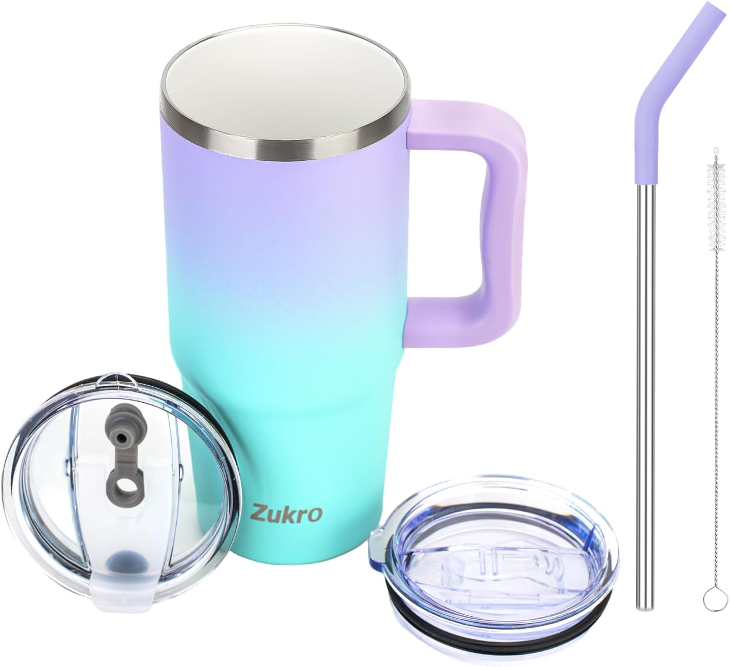 Zukro 24 oz Ceramic Lined Tumbler with Handle and Straw, No Metal Taste, Insulated Stainless Steel Coffee Mug with Spill Proof Lids for Home/Office, No Sweat, Keep Drinks Hot or Cold