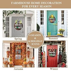 Interchangeable Welcome Sign for Front Door with 4 Seasonal Wreaths and 14 Changeable Icons, Farmhouse Front Door Signs, Door Decoration Porch Decor, Seasonal Wooden Home Sign Home décor (6wood) Interchangeable Welcome Sign for Front Door with 4 Seasonal Wreaths and 14 Changeable Icons Farmhouse Front Door Signs Door Decoration Porch Decor Seasonal Wooden Home Sign Home decor 6wood