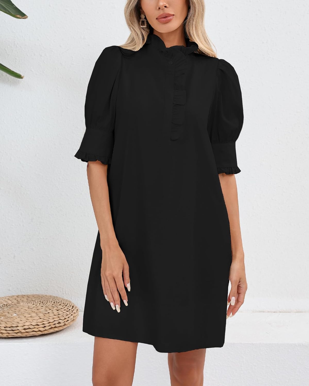 Women's Puff Short Sleeve Stand Ruffle Collar Summer Dress Casual A Line Shift Mini Dress with Pockets - Image 5