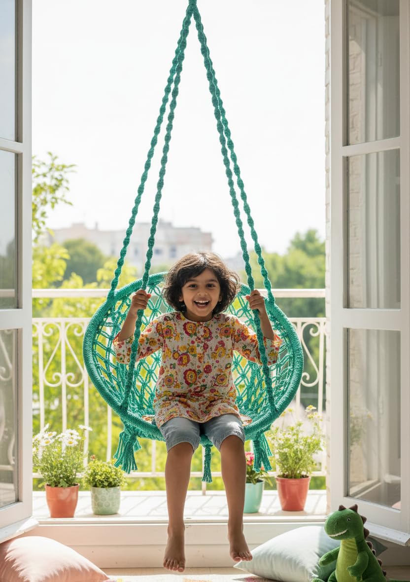 Patiofy Cotton Round Baby Swing/Jhula for Kids/Swing for Kids for Home/Jhula for Baby Swing Hanging Indoor & Outdoor/Ideal for 5-15 Years/Swing for Children/Swinging Chair for Kids (Green)