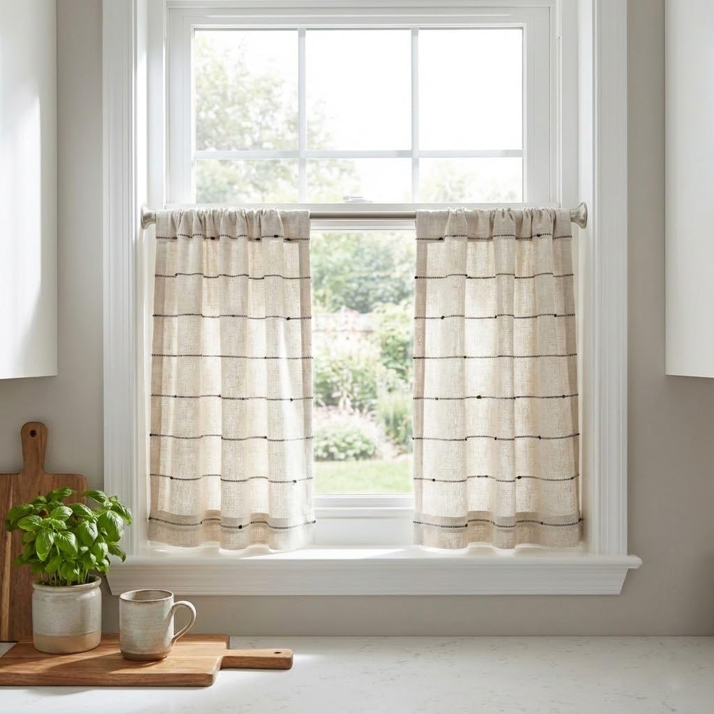 Piper Classics Farmcloth Stripe Tiers, Set/2, 24" L x36 W, Rustic Farmhouse, Natural Cream w/Black Stripes, Cafe Curtains
