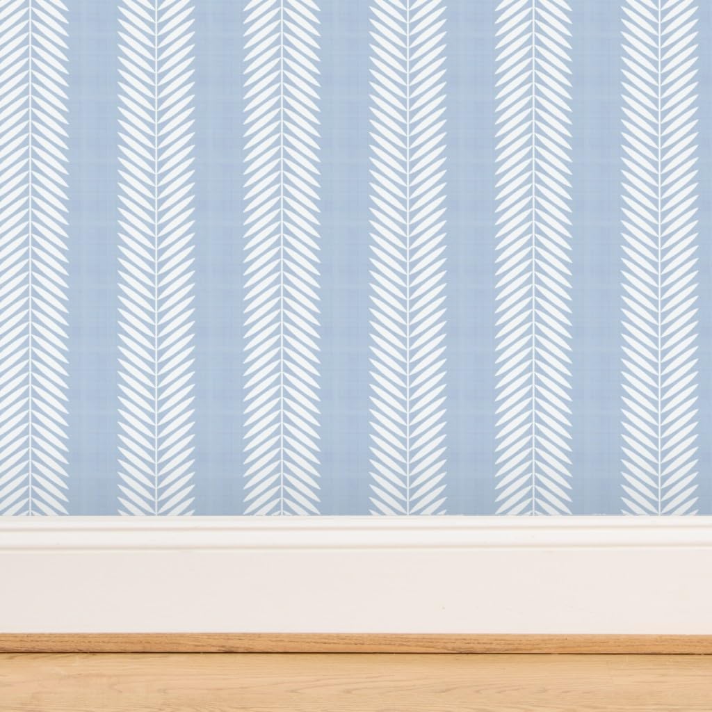 Commercial Grade Wallpaper Swatch - Garden Stripe Grandmillennial Classic Cornflower Blue Blue and White Laurel Leaves Simple Minimal Traditional Wallpaper by Spoonflower