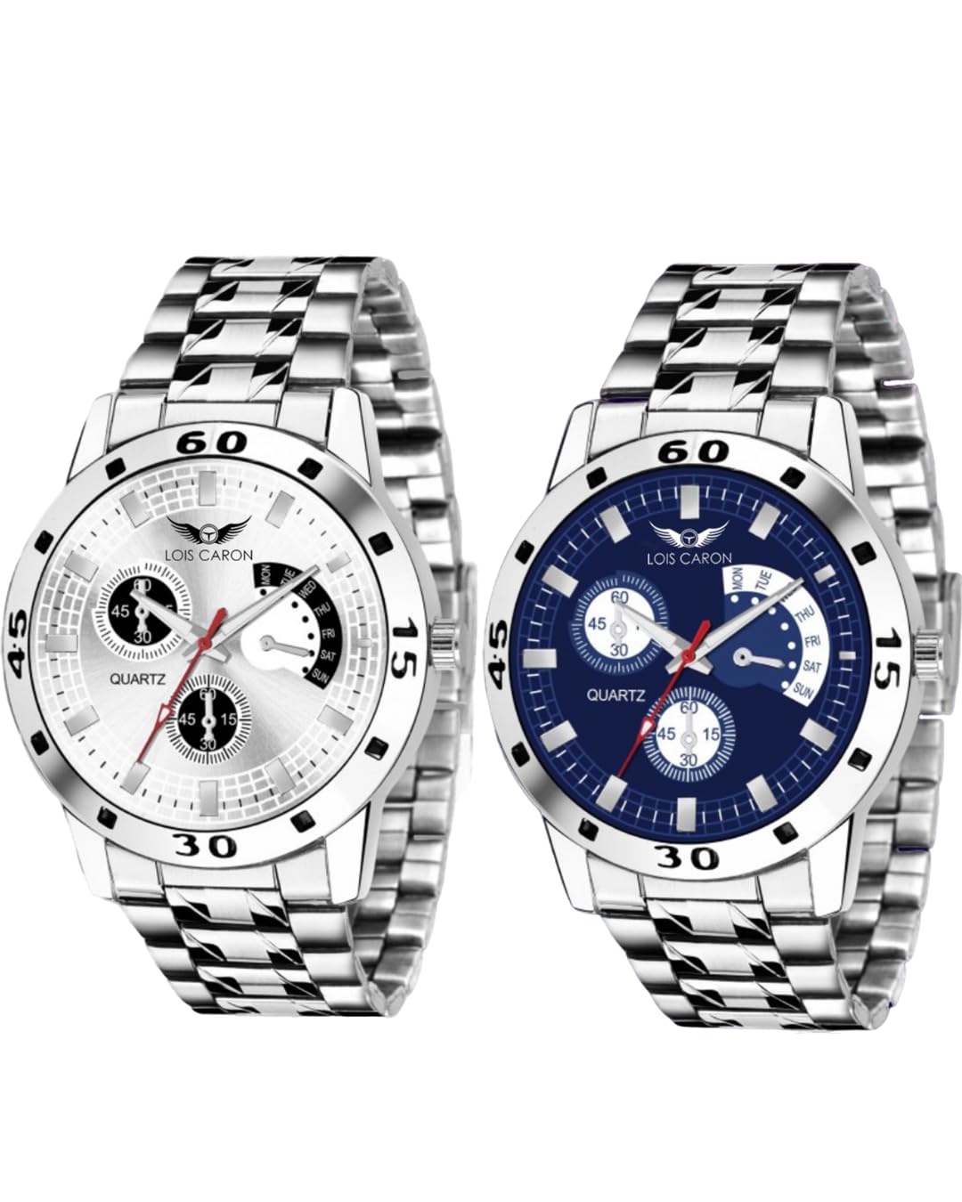 2 Combo Blue & White Dummy Chronograph Pattern Dial with Silver Chain for Boys Analog Watch - for Men LCS-9163