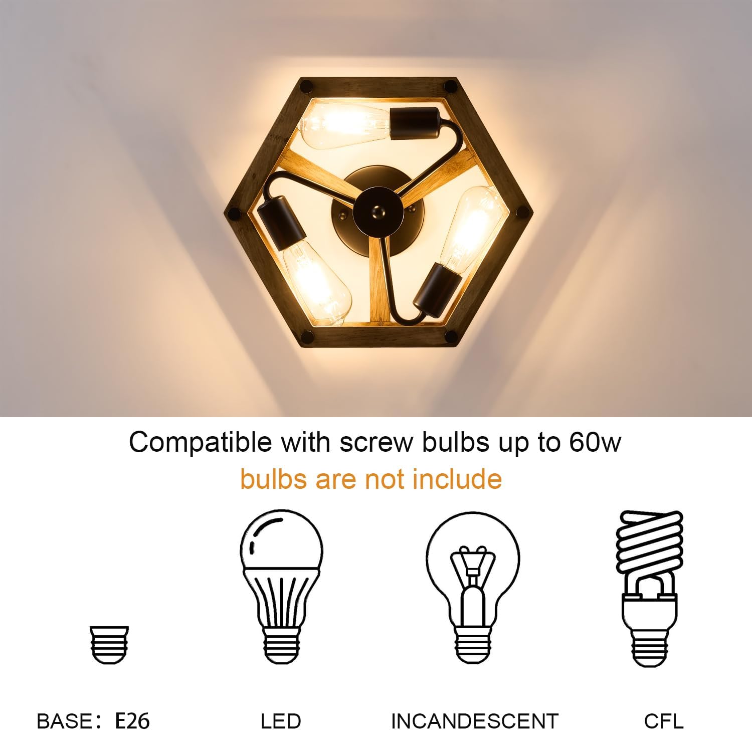 Dijiahua 3-Light Rustic Farmhouse Wood Flush Mount Ceiling Light Fixture, Black Semi Flush Mount Ceiling Lighting with Oak Wooden and Hexagonal Cage for Hallway Entryway Bedroom Kitchen