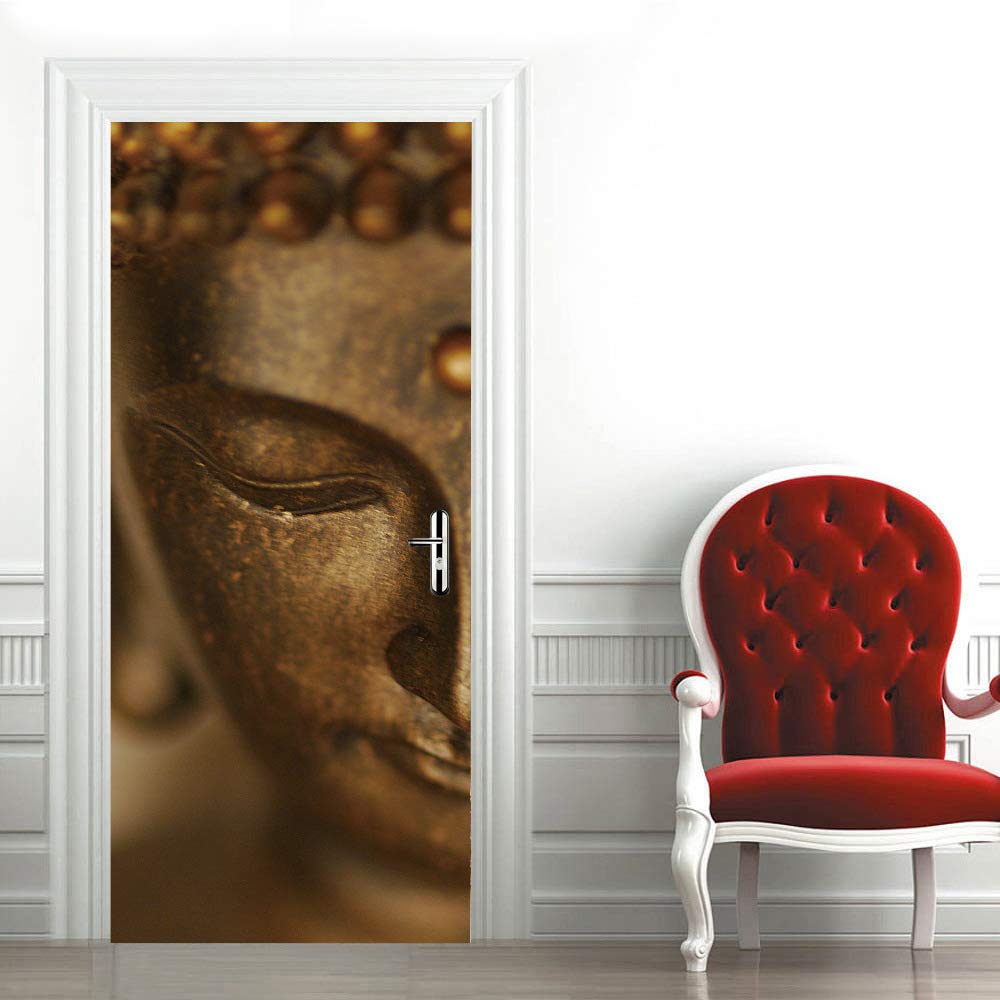 Sticker porte trompe l'oeil Bouddha d'or 73x205 cm pour decoration murale de salon
