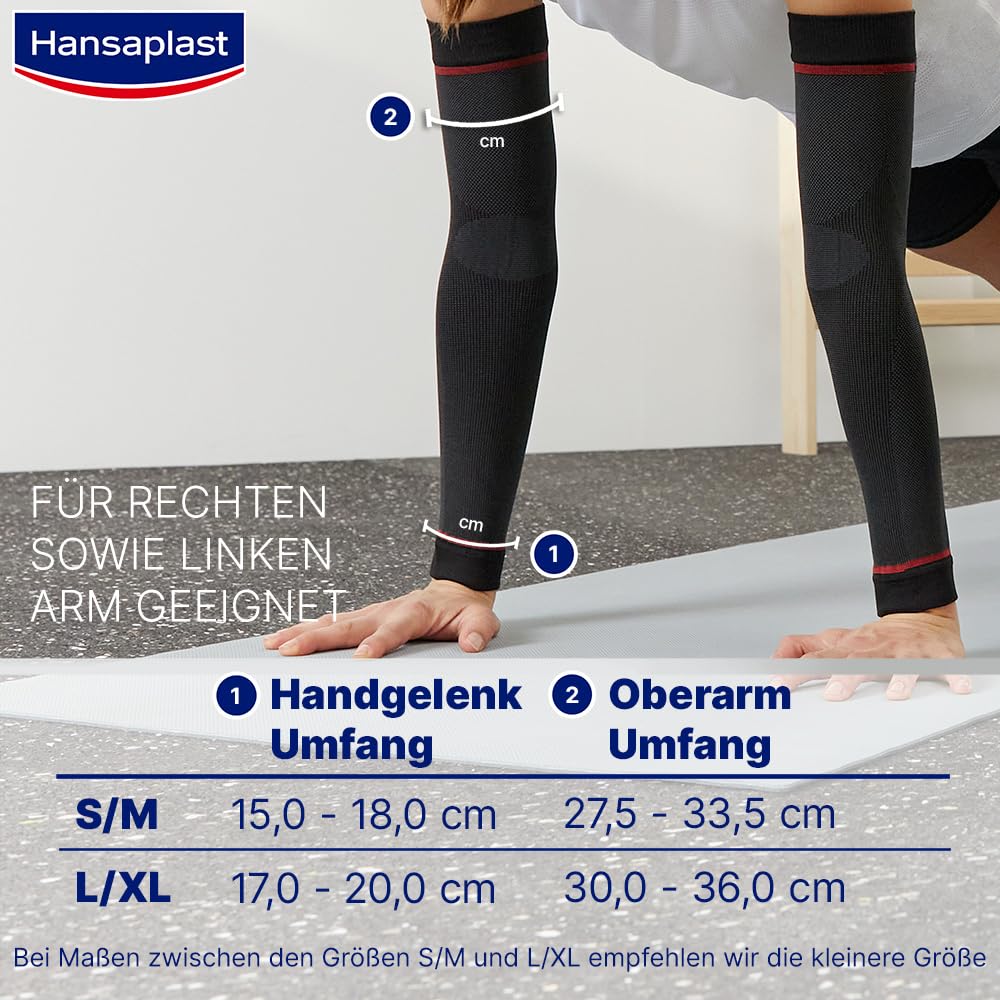 Hansaplast Sport Compression Wear Arm Sleeves, Armbandage unterstützt die Muskulatur, Ellenbogenbandage fördert mit Kompression die Muskelregenration, 1 Paar, Größe S/M