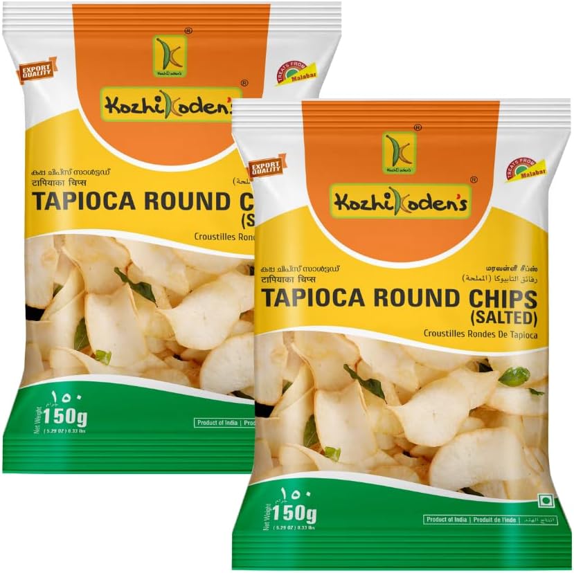Kozhikodens Tapioca Round Chips - Crunchy, Authentic Kerala Snack - Gluten-Free, No Artificial Additives, Perfect Tea-Time Bites (Round Chips, Sea Salt),300g