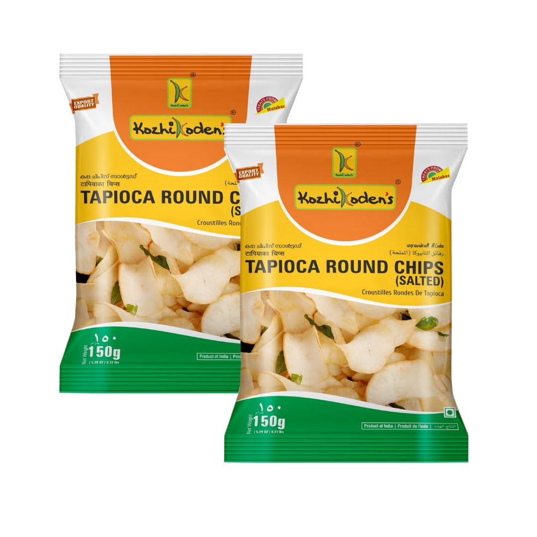 Kozhikodens Tapioca Round Chips - Crunchy, Authentic Kerala Snack - Gluten-Free, No Artificial Additives, Perfect Tea-Time Bites (Round Chips, Sea Salt),300g