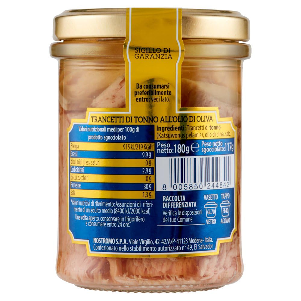 12x Nostromo Trancetti di Tonno all'Olio di Oliva,Pesce in Scatola,Barattolo Vetro da 180g + 1 Confezione di Talco Felce Azzurra in omaggio, Busta da 100g