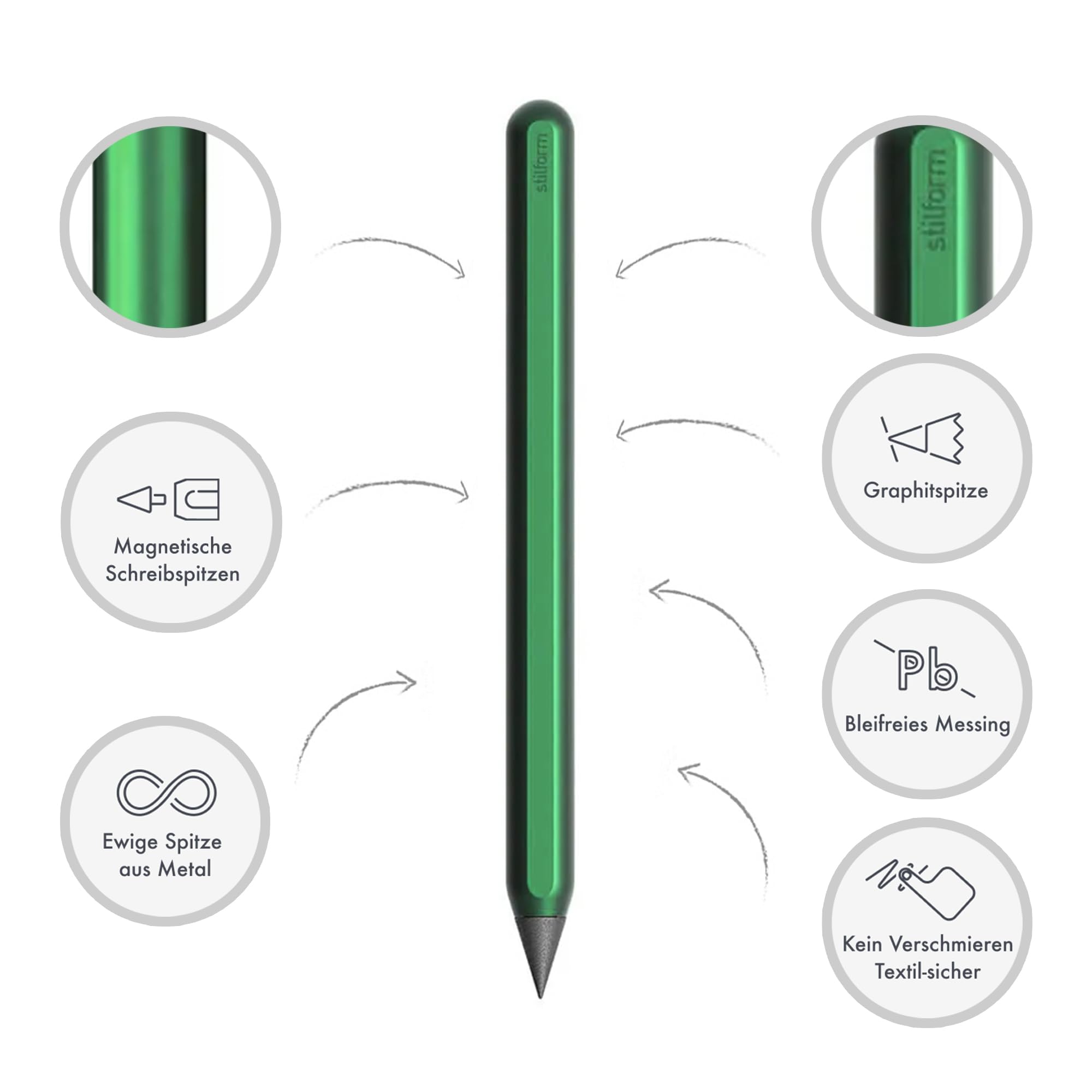 200357 AEON Pure Pencil aus Aluminium - Bleistift mit magnetischer Graphit-Spitze HB zum Wechseln - Aurora Green