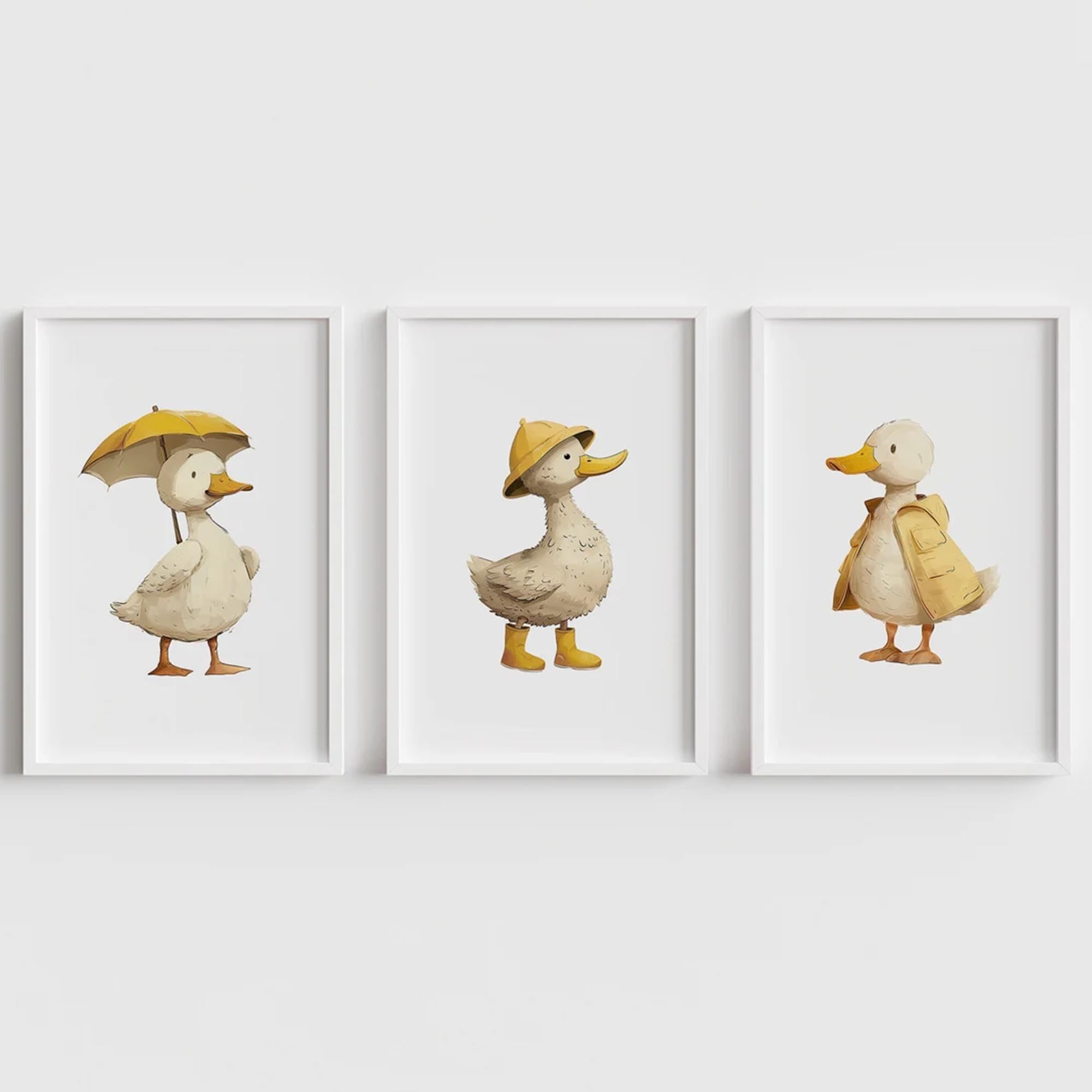 CozyPrints Set of 3 Duck Nursery Wall Art Prints, Kids Room Decor, UNFRAMED Prints, (Yellow, A2-42.0 x 59.4cm, Unframed)