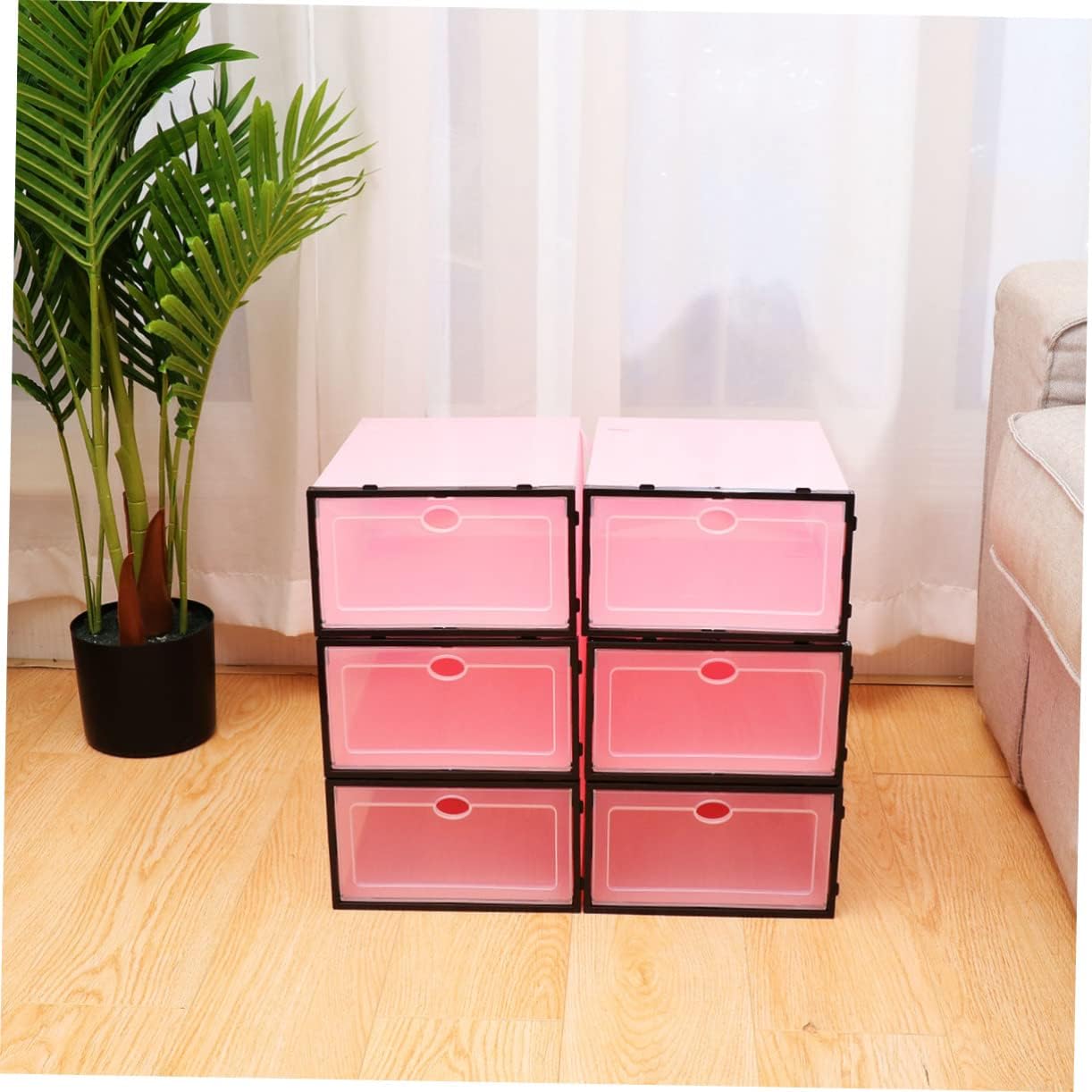 6pcs Thicken Shoe Storage Box Stackable Design Plastic Container for Organizing Sneakers Heels and Boots Pink Black Frame for Closet and Entryway