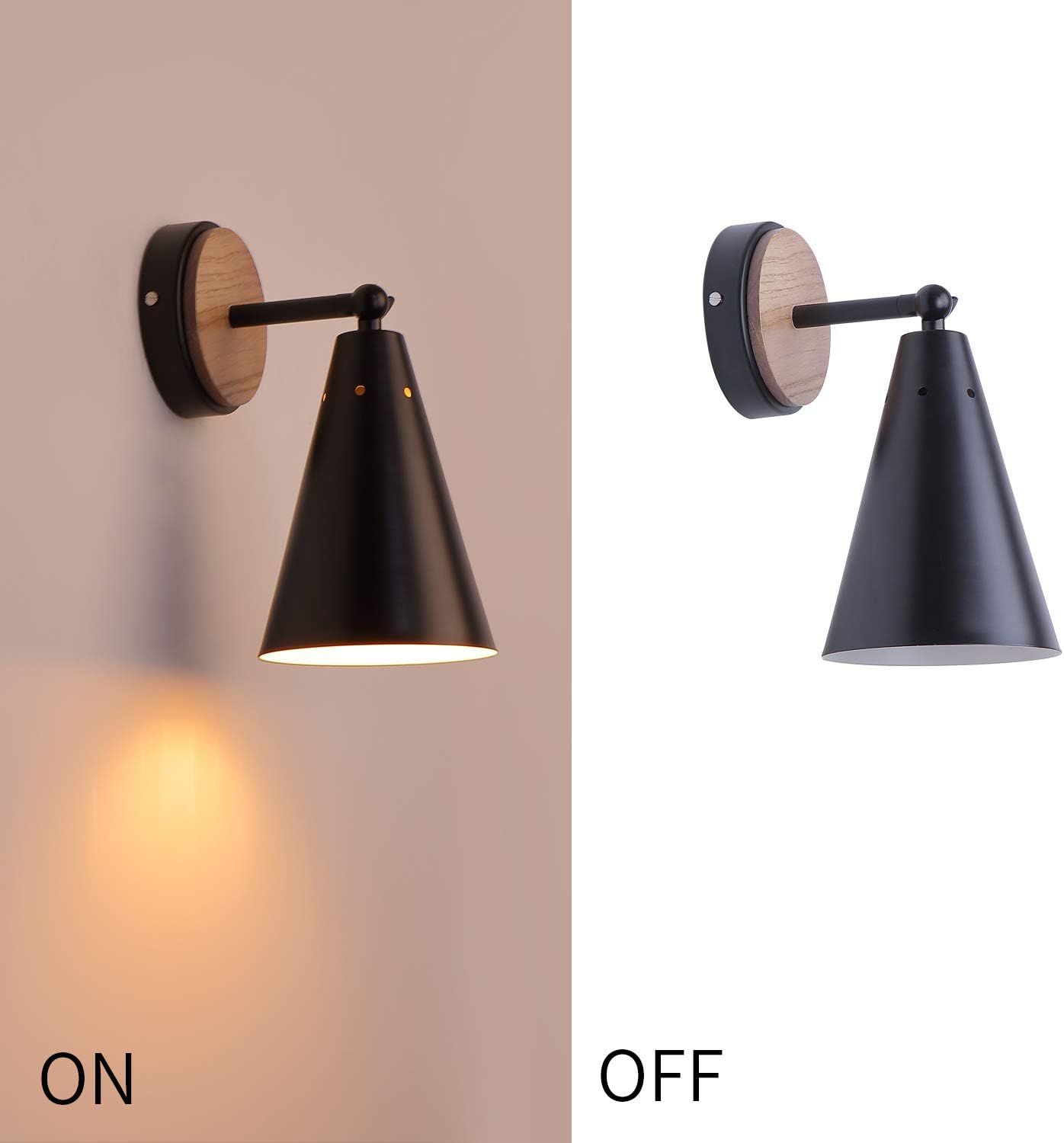 MWZ Rustic Farmhouse Black Metal and Wood Wall Sconce Adjustable Lamp，2 Pack,Rustic Wall Lighting Fixture for Bedroom, Living Room, Headboard, Garage, Porch