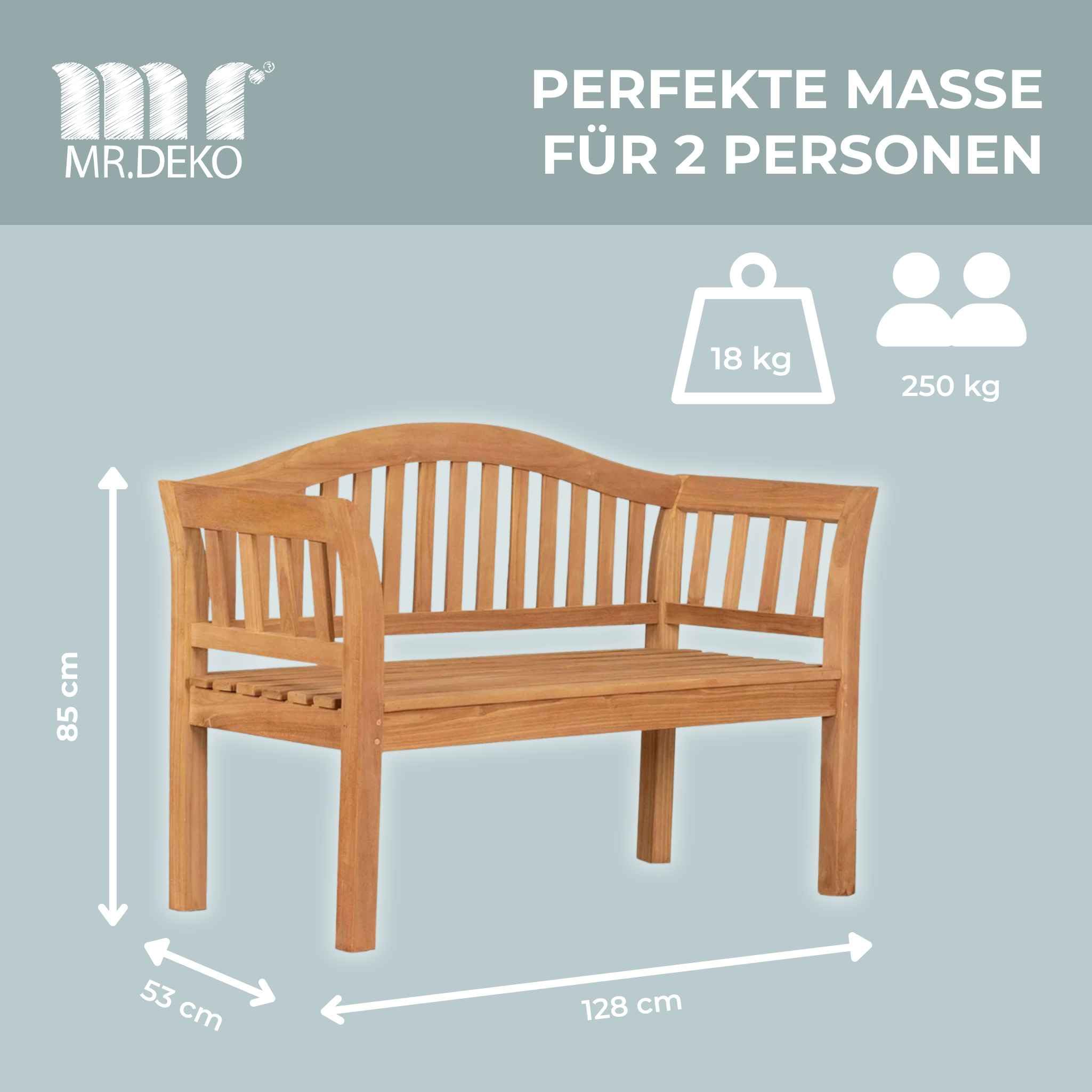 MR. DEKO Gartenbank Holz Wave Holzbank wetterfest Bank Outdoor 128x53x85cm | Sitzbank Teakholz Balkon