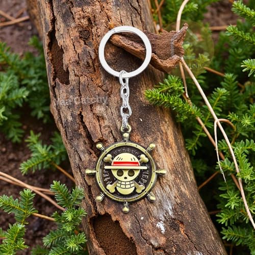 Image of One Piece Anima Manga Pirate Flag Logo Wheel Rotating Heavy Metal Keychain,|Anime Key ring| Perfect Keychain For Anime Lover|car Bikes Gold & Grey Combo pack