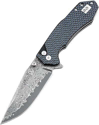 KKGT0034UE Damascus Folding Knife, VG10 Core, Blue G10 Carbon Fibre Handle, Button Lock, Drop Point, Ball Bearing Flipper, EDC Utility, 203mm