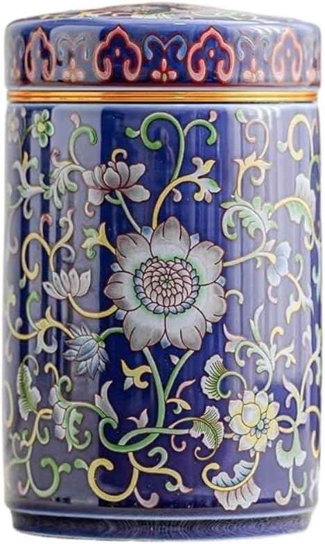 SONGCHAO Sugar Jar Blue and White Porcelain Enamel Color Loose Tea Storage Container Jar Ceramic Sealed Retro Set Single Tea Canister(A)