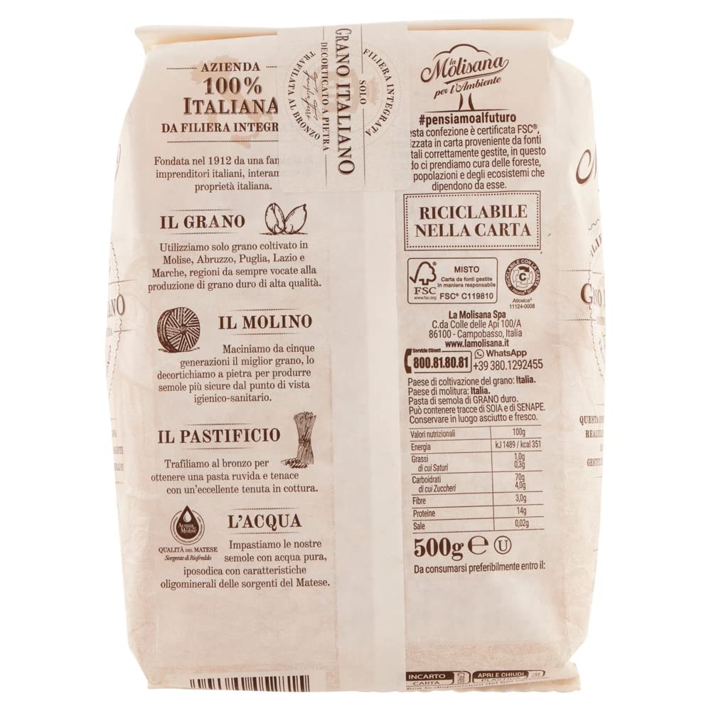 La Molisana Casareccia Pasta Lenta Lavorazione Pastas de sémola de trigo duro, dibujo de bronce, 500 g + 2 polpa italiana gourmet