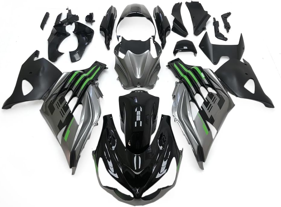 ABS Plastic Motorcycle Fairing Kit Fit for 2012-2021 Kawasaki Ninja ZX14R Fairings 12 13 14 15 16 17 18 19 20 21 ZX-14R Injection Bodywork Body Frame Body Kit Set (Green & Gray)