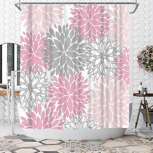 WELMECO Pink Shower Curtain Dahlia Shower Curtain Pink and Grey Bathroom Decor Polyester Fabric, 72x72inch
