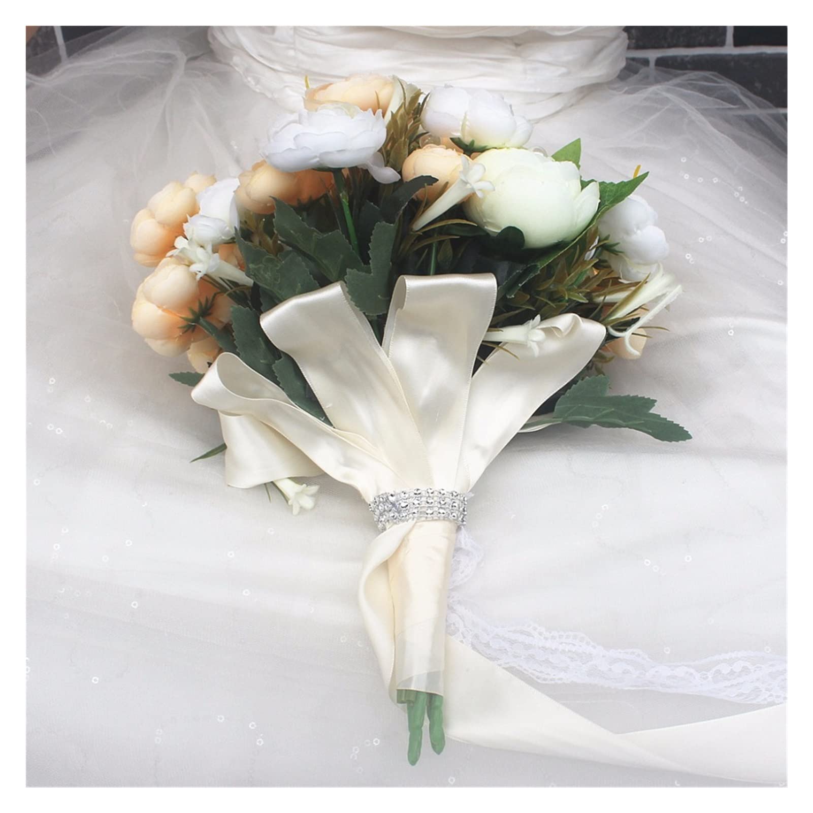 Abricot Fleurs artificielles Bouquet de mariée Bouquet Rose Pearls Plastic Bouquet 2Color (Color : 22cm Apricot)