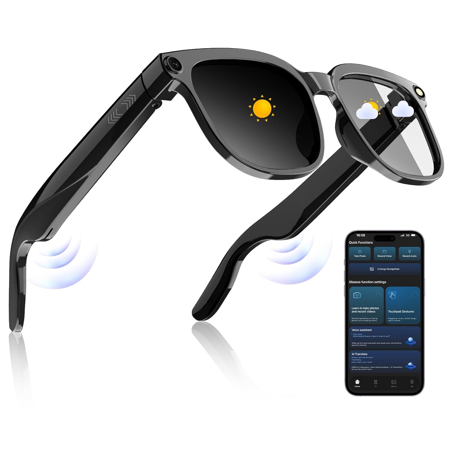 AI Smart Glasses with 2K Anti-Shake Camera Bluetooth 5 4 ENC Noise Reduction Replaceable Lenses Real-Time Translation Voice