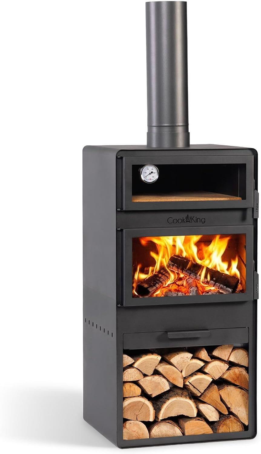 CookKing VENTO Pizza Oven & Garden Stove with Double Tempered Glass, Hand-Forged Wood-Burning Steel Patio Heater and Outdoor Oven, Approx. 150cm, Made in Europe