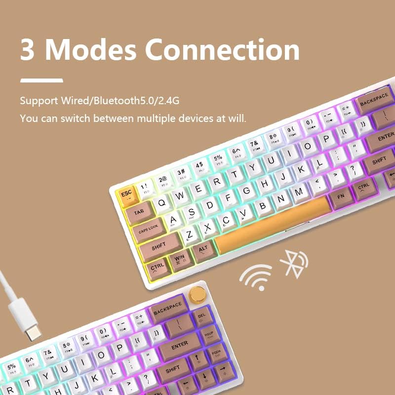 FEKER IK65 keyboard showing three connection modes: wired, Bluetooth, 2.4G