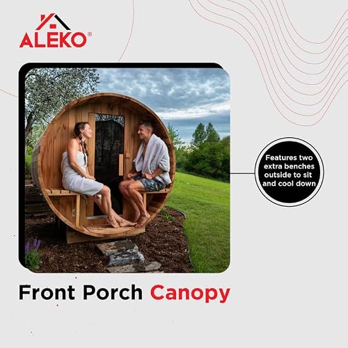ALEKO Barrel Sauna with Front Porch Canopy | Wet Dry Indoor Outdoor | White Finland Pine | 3-5 Person Sauna | UL Certified 4.5 kW Harvia Sauna Heater | SB5PINECP - Thumbnail 3