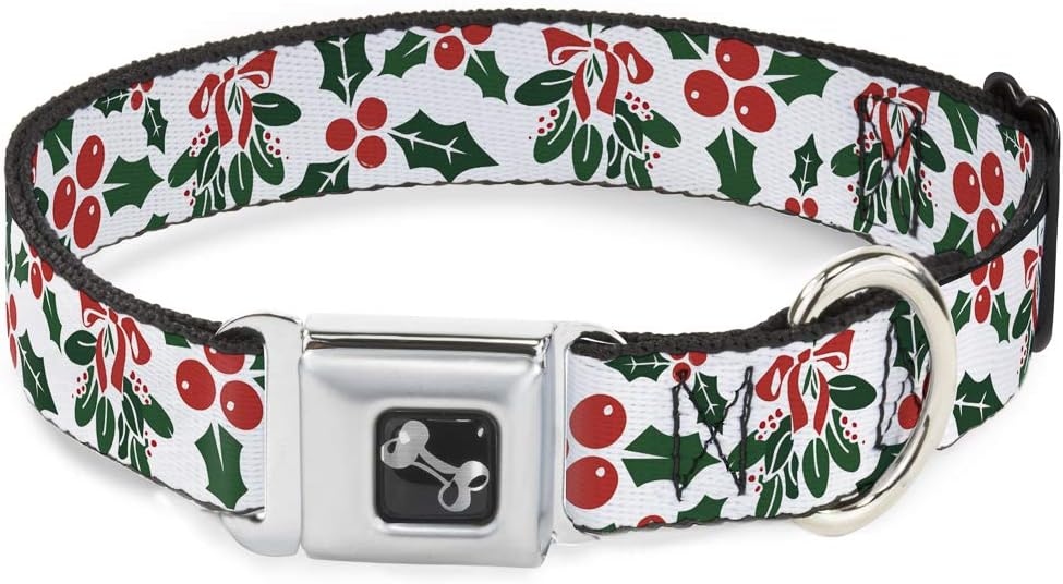 Dog Collar Seatbelt Buckle Holly Mistletoe 18 to 32 Inches 1.5 Inch Wide