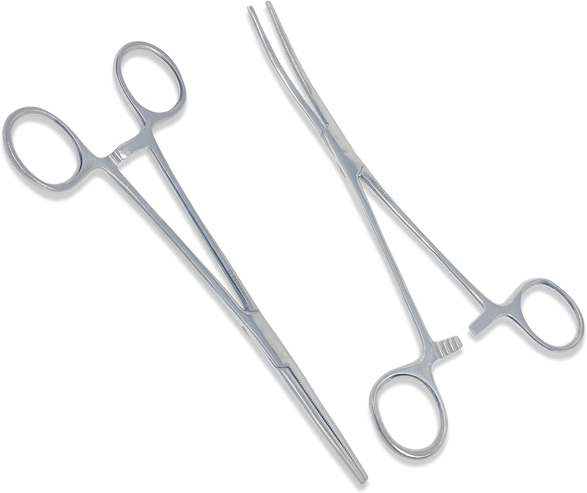 2PC Heavy Duty Locking Forceps Clamps with Full Serrated Jaws - Premium Quality - Ideal Hemostats for Nurses Fishing Pruning Taxidermy Crafts Electronics and Hobby (Straight+Curved - 8 in.)