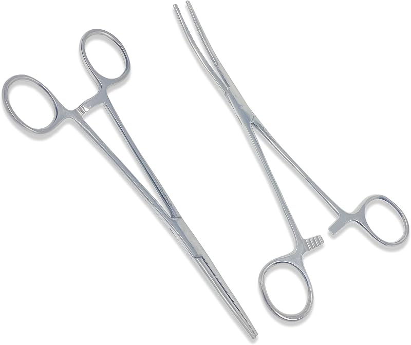 2PC Heavy Duty Locking Forceps Clamps with Full Serrated Jaws - Premium Quality - Ideal Hemostats for Nurses Fishing Pruning Taxidermy Crafts Electronics and Hobby (Straight+Curved - 8 in.)