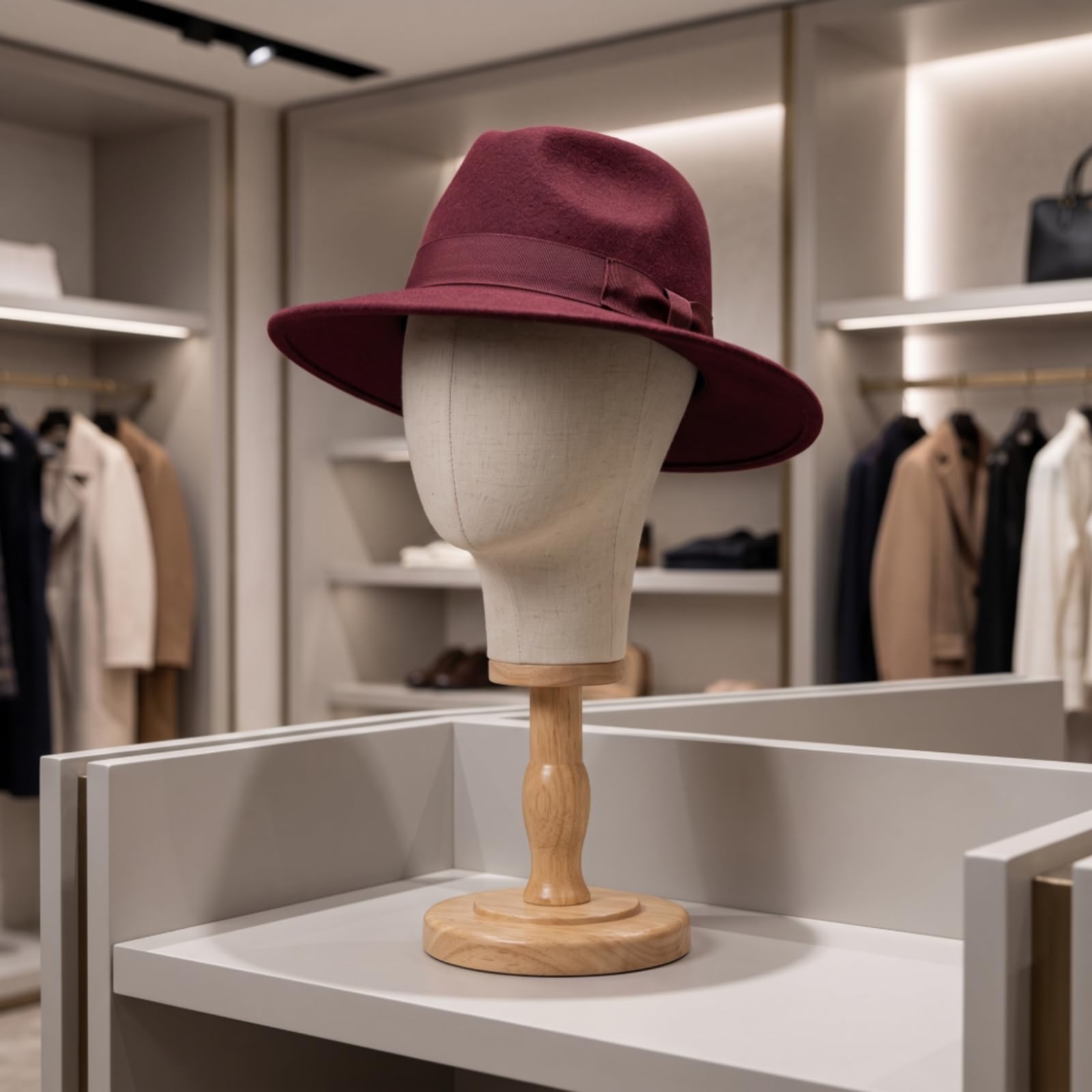 Hutständer Mannequinkopf Displaykopf Kopfform Halterung aus Leinen mit Holzfuß Natürliche Textur Und Professionelle , Kopfumfang 56 cm, Gesamthöhe 40 cm , Style to 2