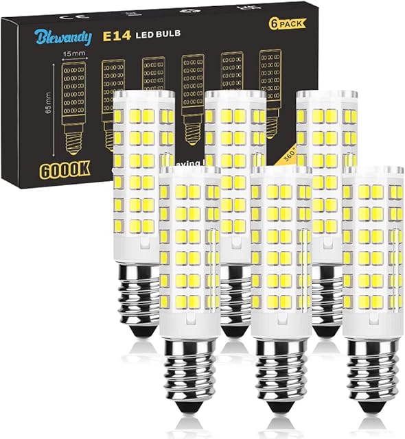 Blewandy E14 LED Light Bulb 5W, Cool White 6000K LED E14 Bulb, 50W Incandescent Equivalent, 550LM SES Small Edison Screw Cooker Hood Bulb for Home Lighting Fridge, AC 220-240V Non-Dimmable, 6 Pack