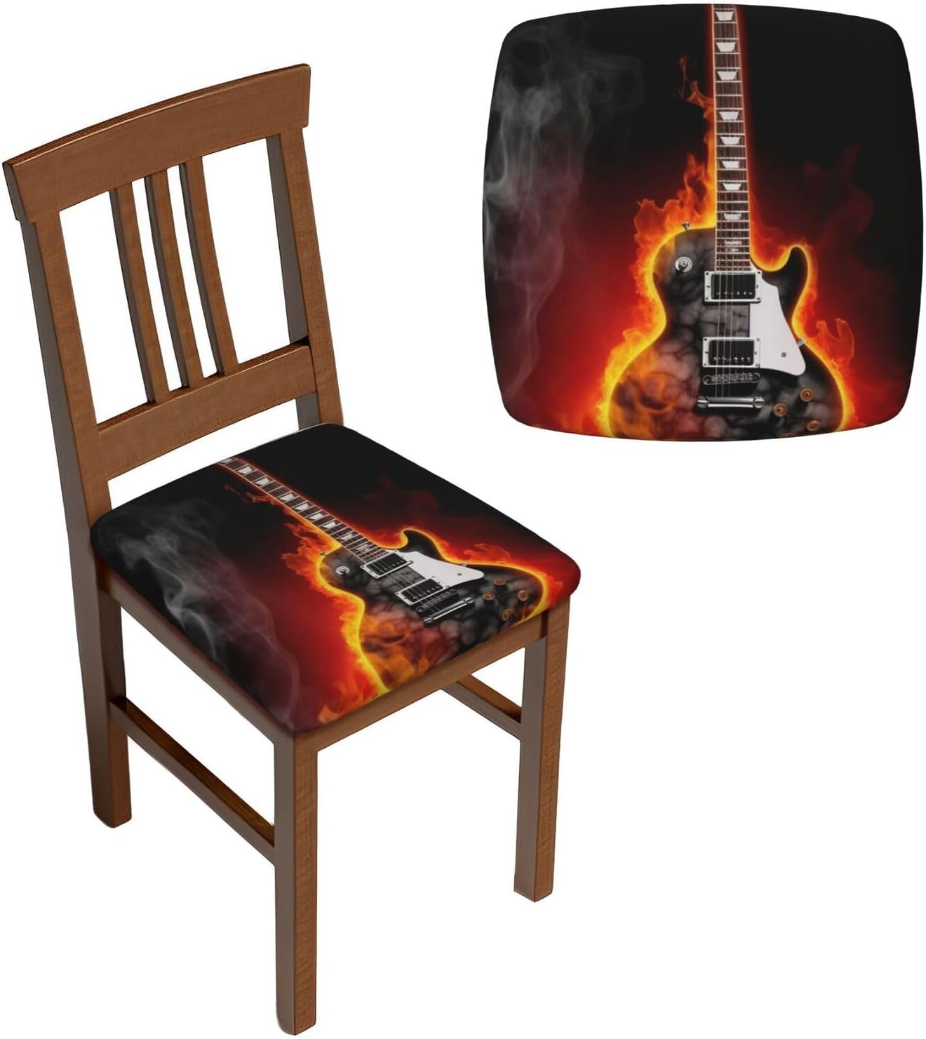 6PCS Stretch Seat Covers Set, Burning Guitar Chair Covers for Dining Room, Square Chair Seat Slipcovers with Ties, Removable Washable Dining Chair Protector Seat Cover for Kitchen Office