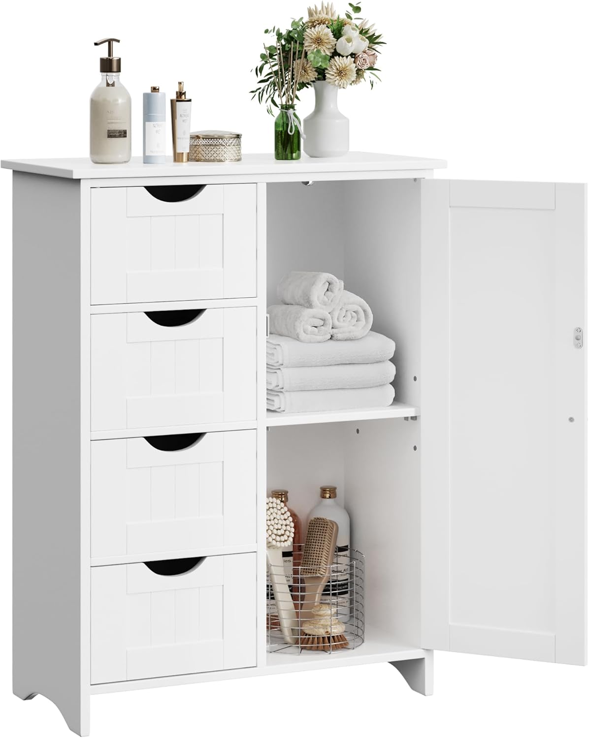 Bathroom Storage Cabinet, Side Organizer with 4 Drawers and 1 Door, Freestanding Entryway Console Table with Adjustable Shelf, Living Room, Kitchen, White