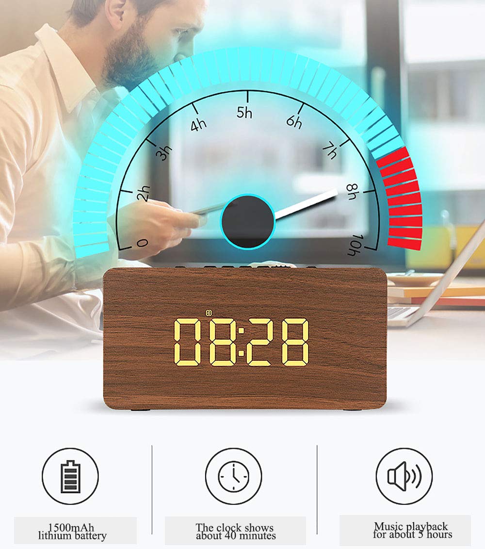 Reloj Despertador Digital de Madera, Altavoz Bluetooth, Relojes Digitales Junto a la Cama con Puerto de Carga USB, Radio FM, Temporizador de Apagado, función de repetición, alarmas duales para