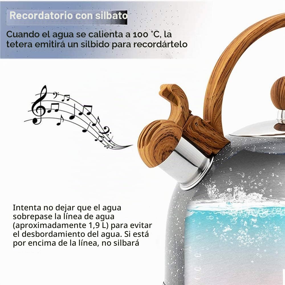 Stove Top - Tetera de acero inoxidable con mango ergonómico de madera, 2,5 litros, color gris