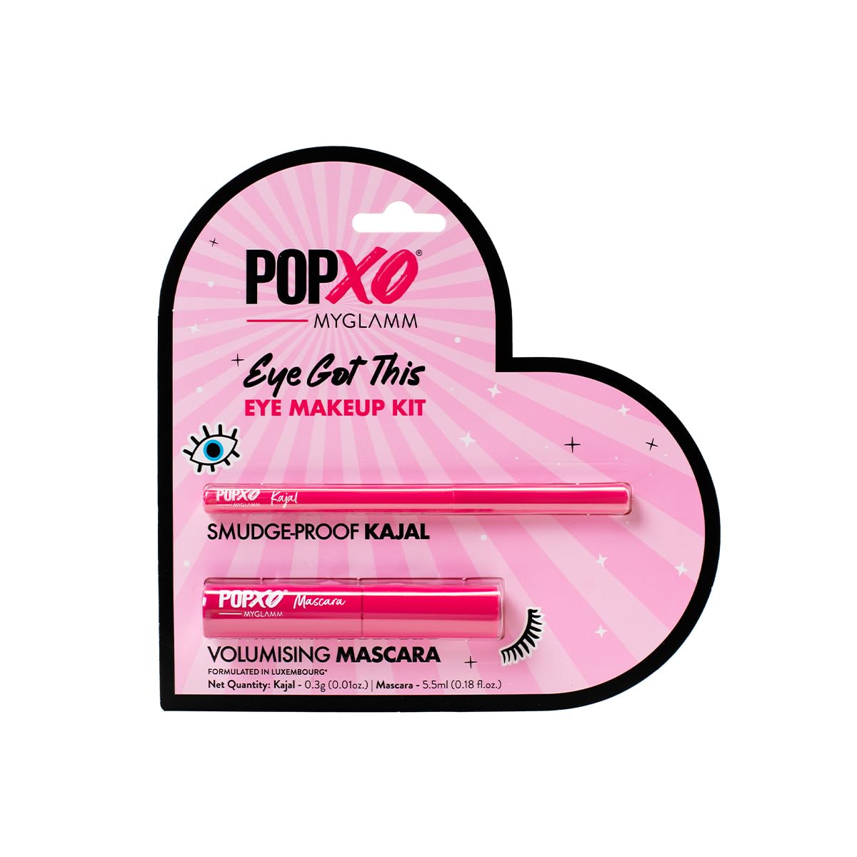 MyGlamm POPxo Eye Got This Kajal & Mascara Kit| Eye Makeup Kit for Women | Long lasting, Water Resistant & Smudge Proof Black Kajal | Volumising Black Mascara with Hourglass Wand |0.3g & 5.5ml
