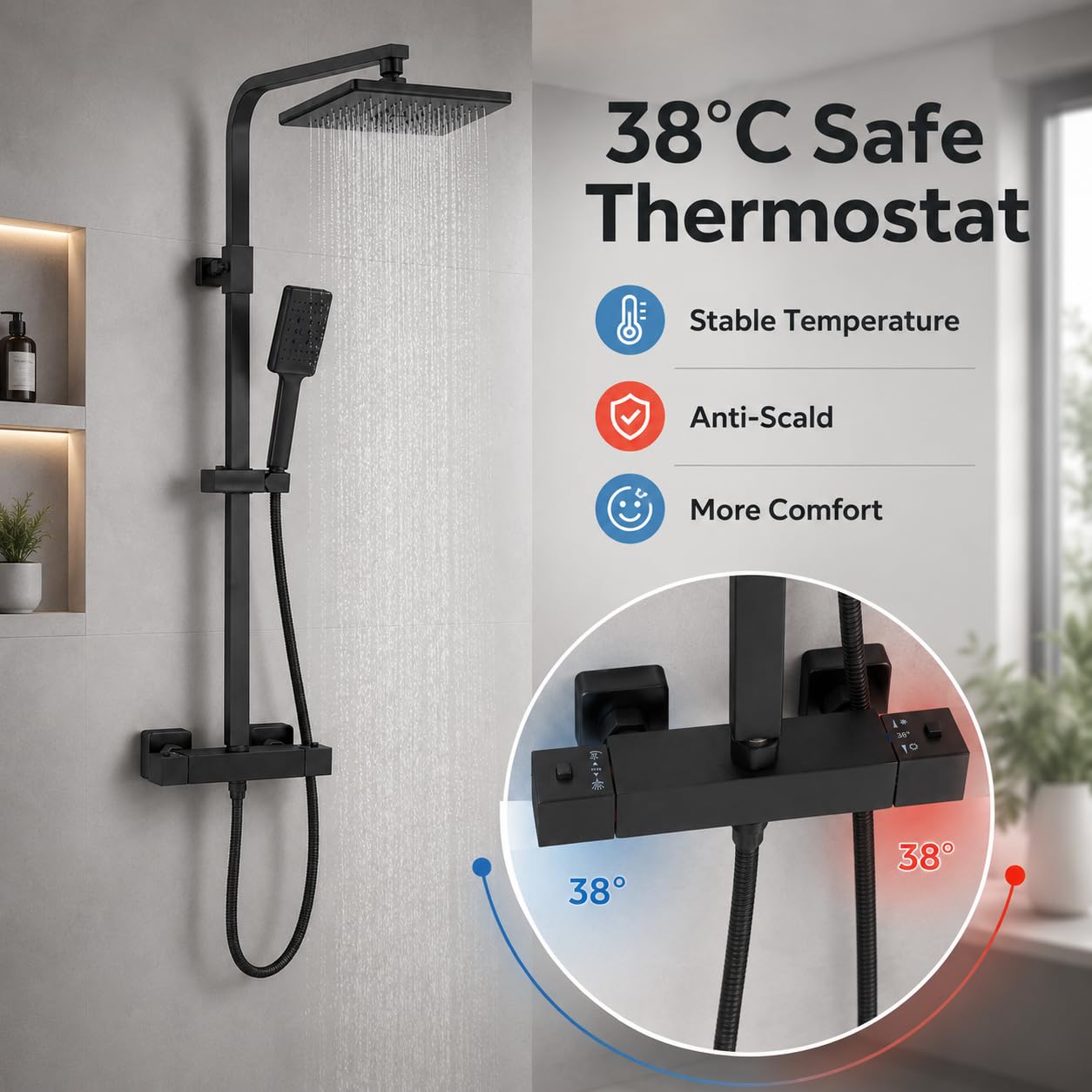 Columna de ducha termostática negra, conjunto de ducha de lluvia con mezclador termostático, ducha de mano y barra ajustable, sistema de ducha de pared para cuarto de baño hotel