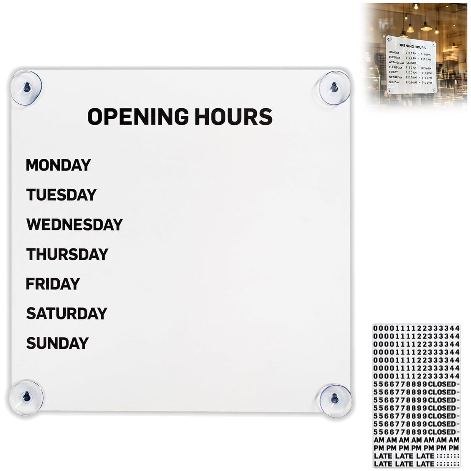 Metal Magnetic Business Hours Sign, Changeable Reusable Schedule Board with Suction Cups and Magnetic Numbers, Opening Hours Sign, for Storefronts, Salons, Offices and Glass Doors(White)