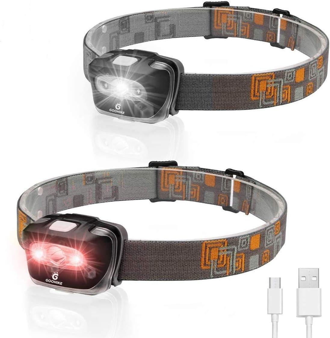 Rechargeable Lightweight Headlamp Flashlight - Super Bright and Durable Waterproof Adjustable Usb Headlight with 5 Modes Includs Red Light for Outdoors Running Camping(2 PACK)