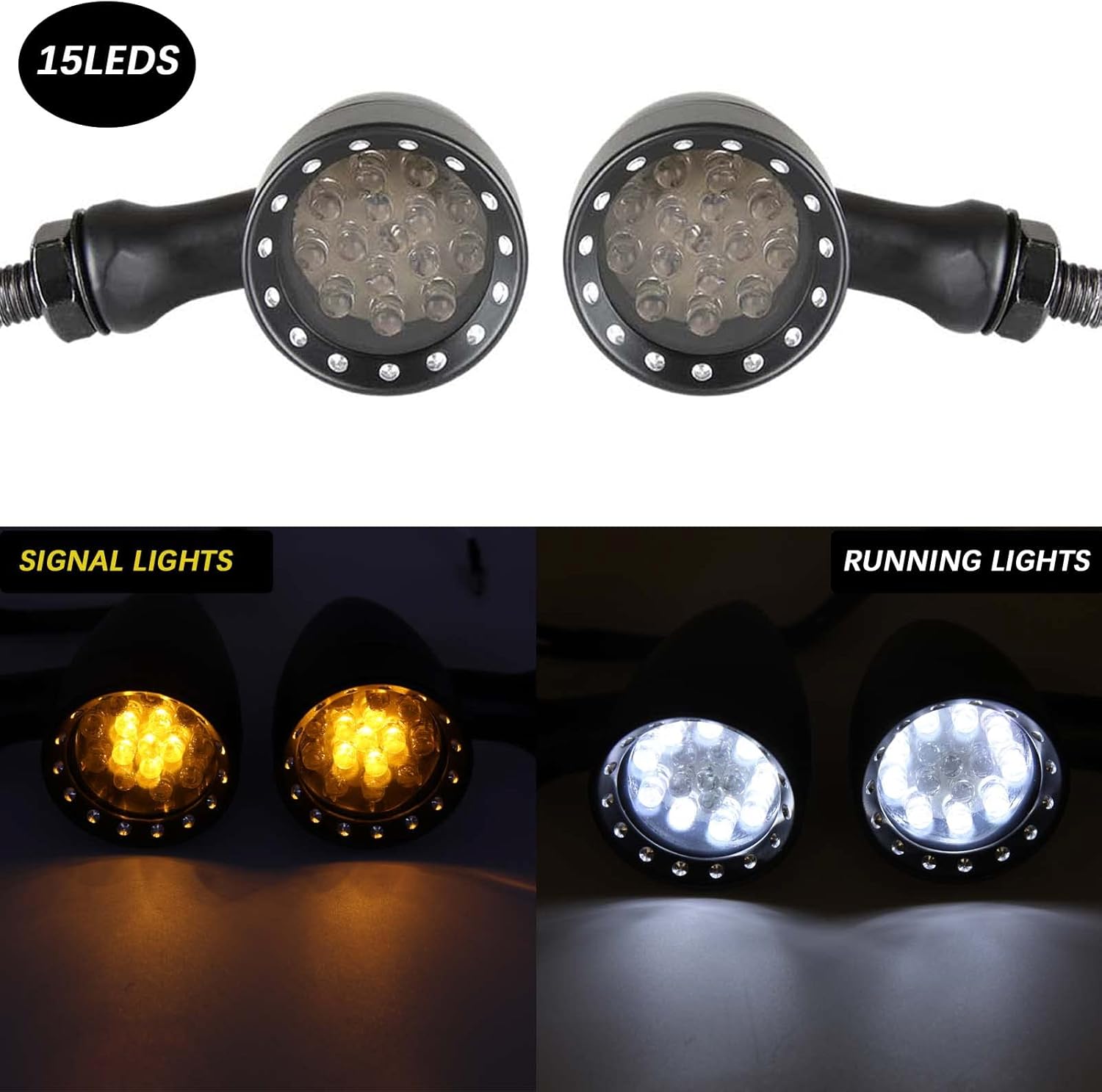 Rich Choices 2pcs Black 15 LED Motorcycle Stop Brake Running Turn Signal Indicator Amber Lights Compatible with Street Bike Chopper dirt bike scooter Cafe Racer (Black-Amber&White)