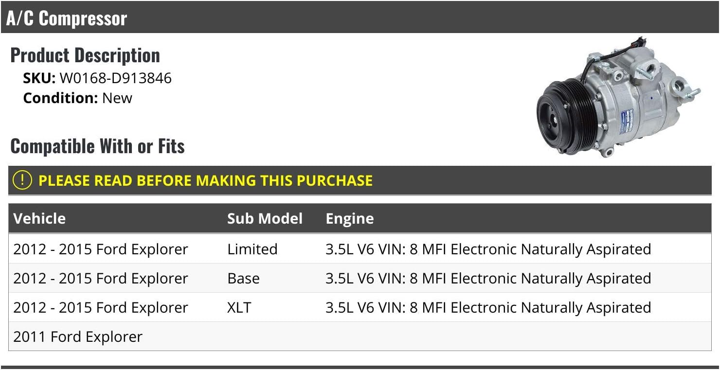 A/C Compressor - Compatible with 2011-2015 Ford Explorer 3.5L V6 VIN 8 MFI Electronic Naturally Aspirated
