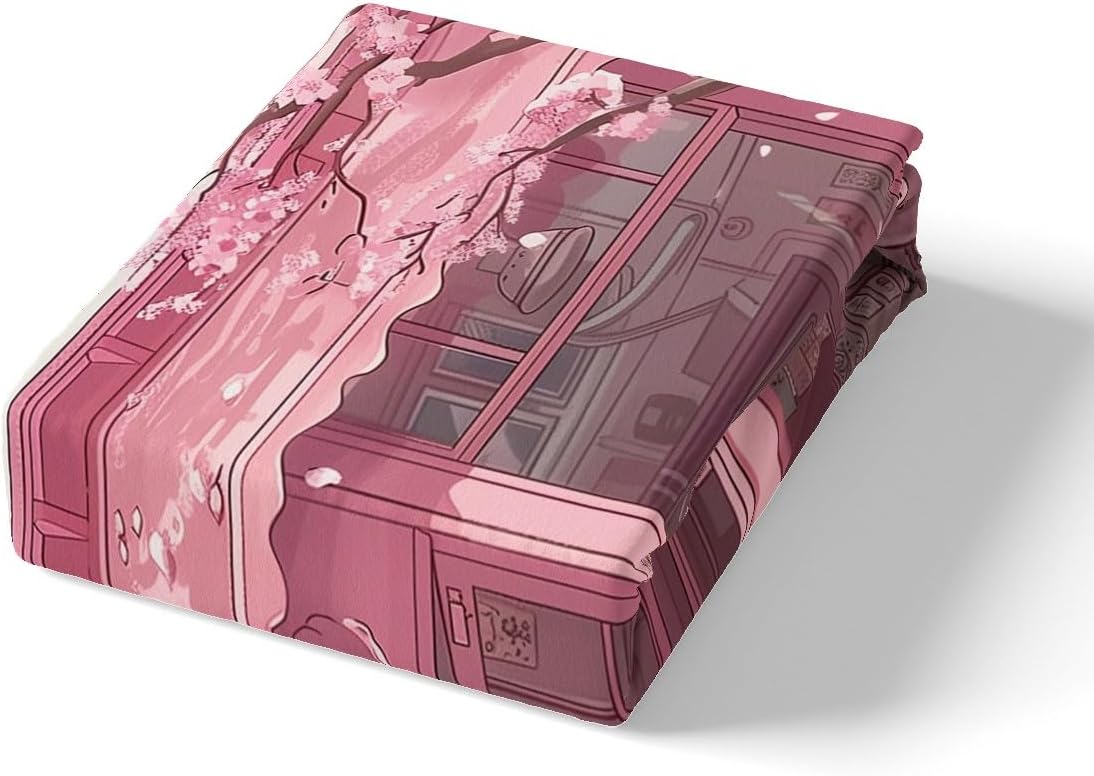 jejeloiu Pink Cute Cat Duvet Cover Toddler Size Kids Cherry Blossoms Comforter Cover Set for Boys Girls Teens Japanese Sakura Flower Bedding Set Breathable Dessert Shop Bedspread Cover Quilt Cover