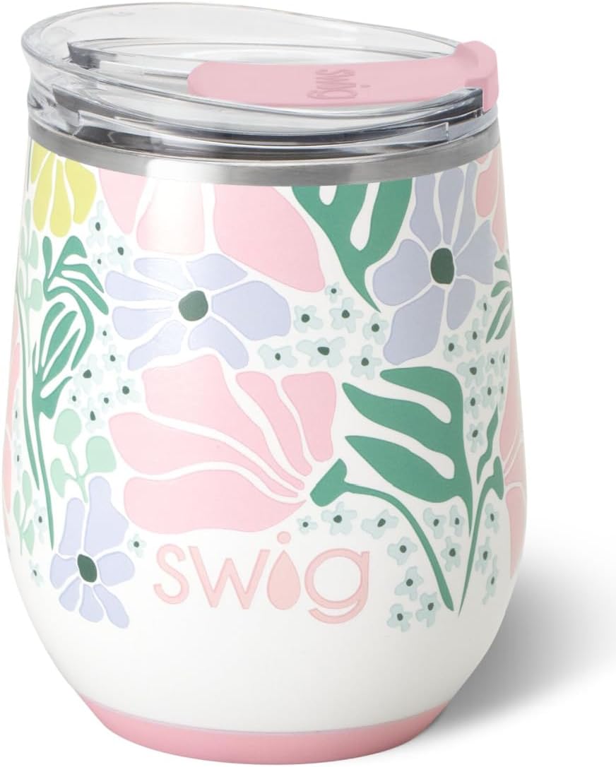 Swig Life 12oz Wine Tumbler with Lid, Stainless Steel, Dishwasher Safe, Portable, Triple Insulated Wine Tumbler (Garden Party)