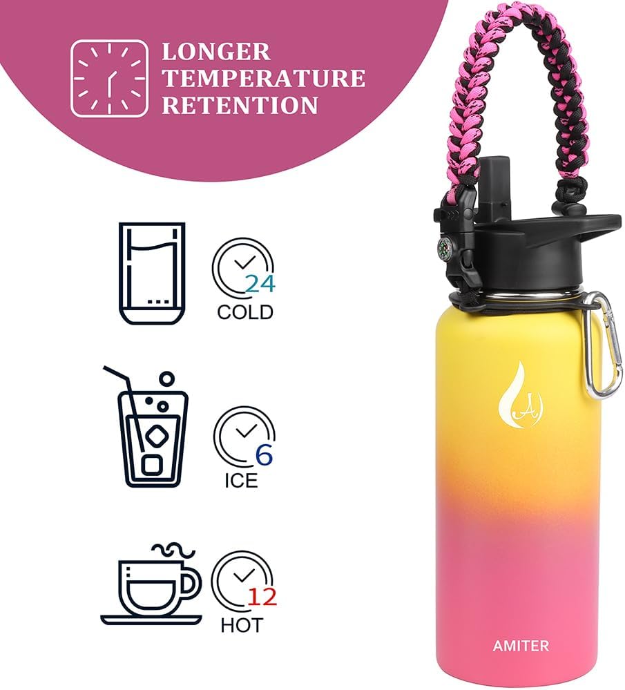 AMITER Insulated Bottle with Straw & Spout Lid, Wide Mouth Stainless Steel Water Bottles with Paracord Handle - 22oz - Image 5