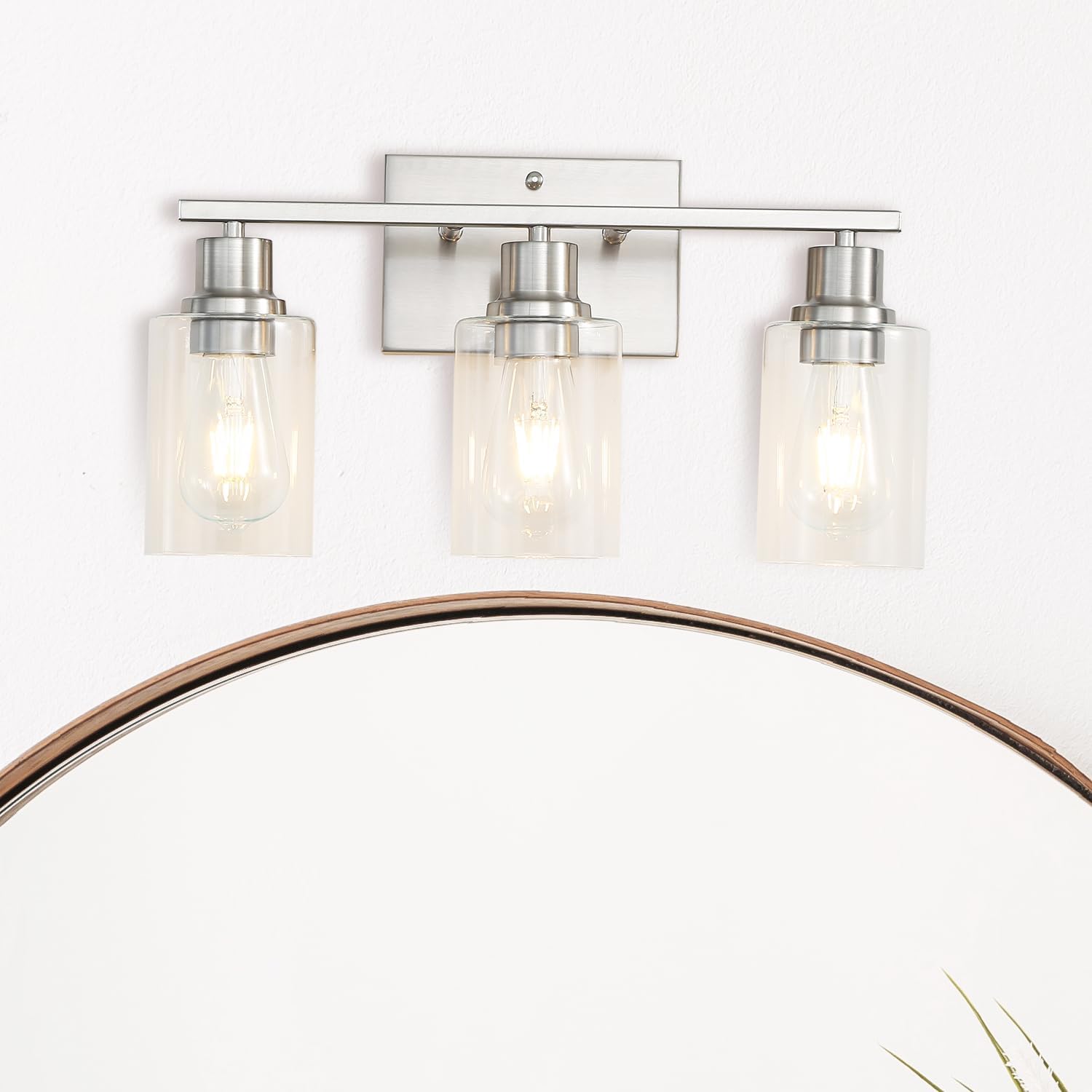 Brushed Nickel Wall Sconces,3-Lights Bathroom Vanity Light Fixtures with Clear Glass Shades, Farmhouse Modern Wall Lighting ​for Mirror,Bedroom,Living Room