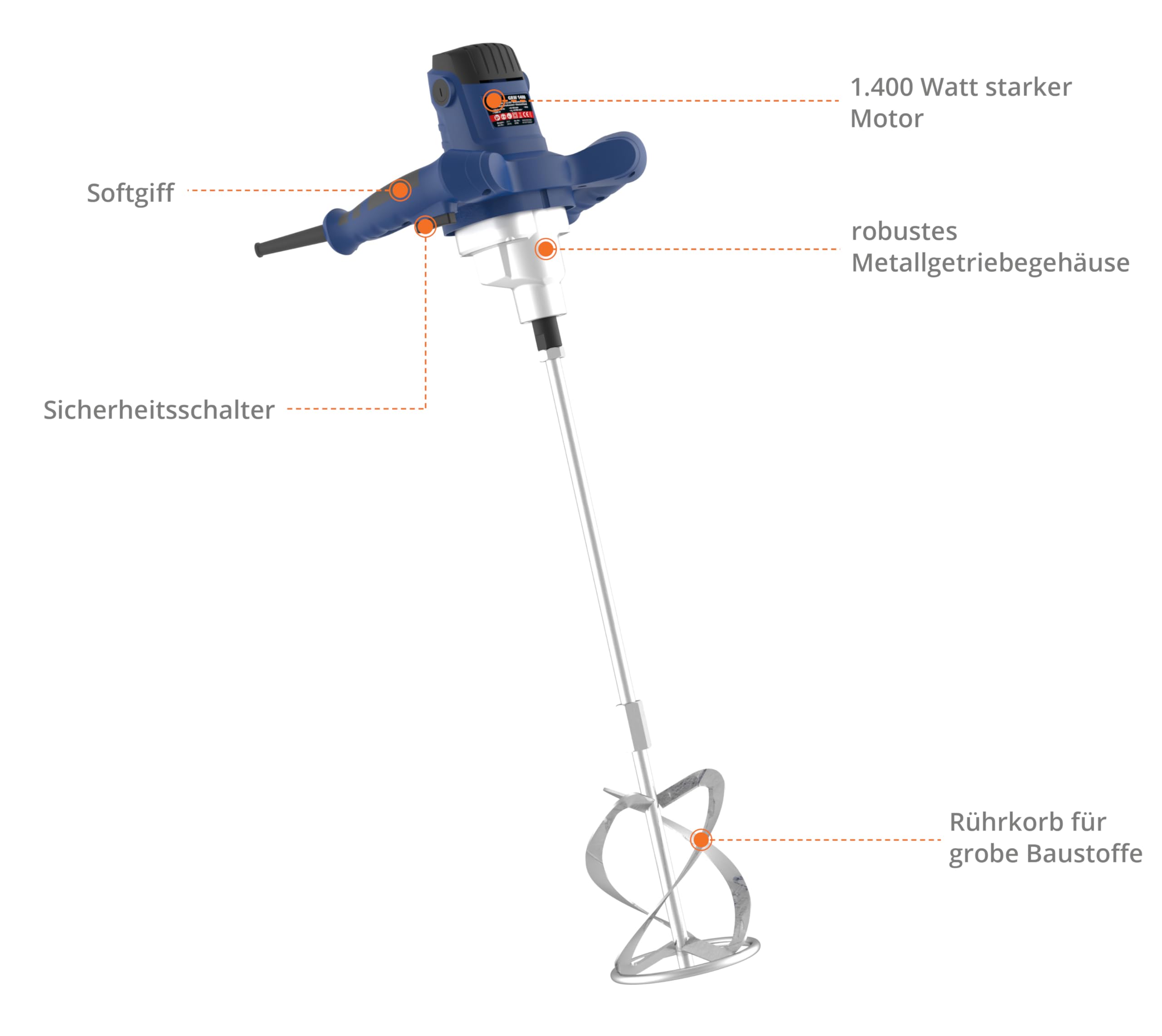 Güde Rührwerk GRW 1400 (1400 W, stufenlose elektronische Drehzahlregulierung im Griff 0-760 1/min, Metallgetriebe, ergonomisch, Rühreraufnahme M14, Rührer ø 140 mm für pulverförmige Bauwerkstoffe)