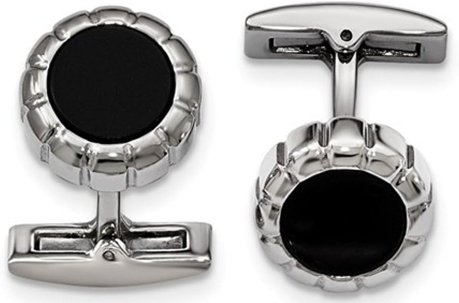 Stainless Steel, Black IP Scalloped Round Cuff Links